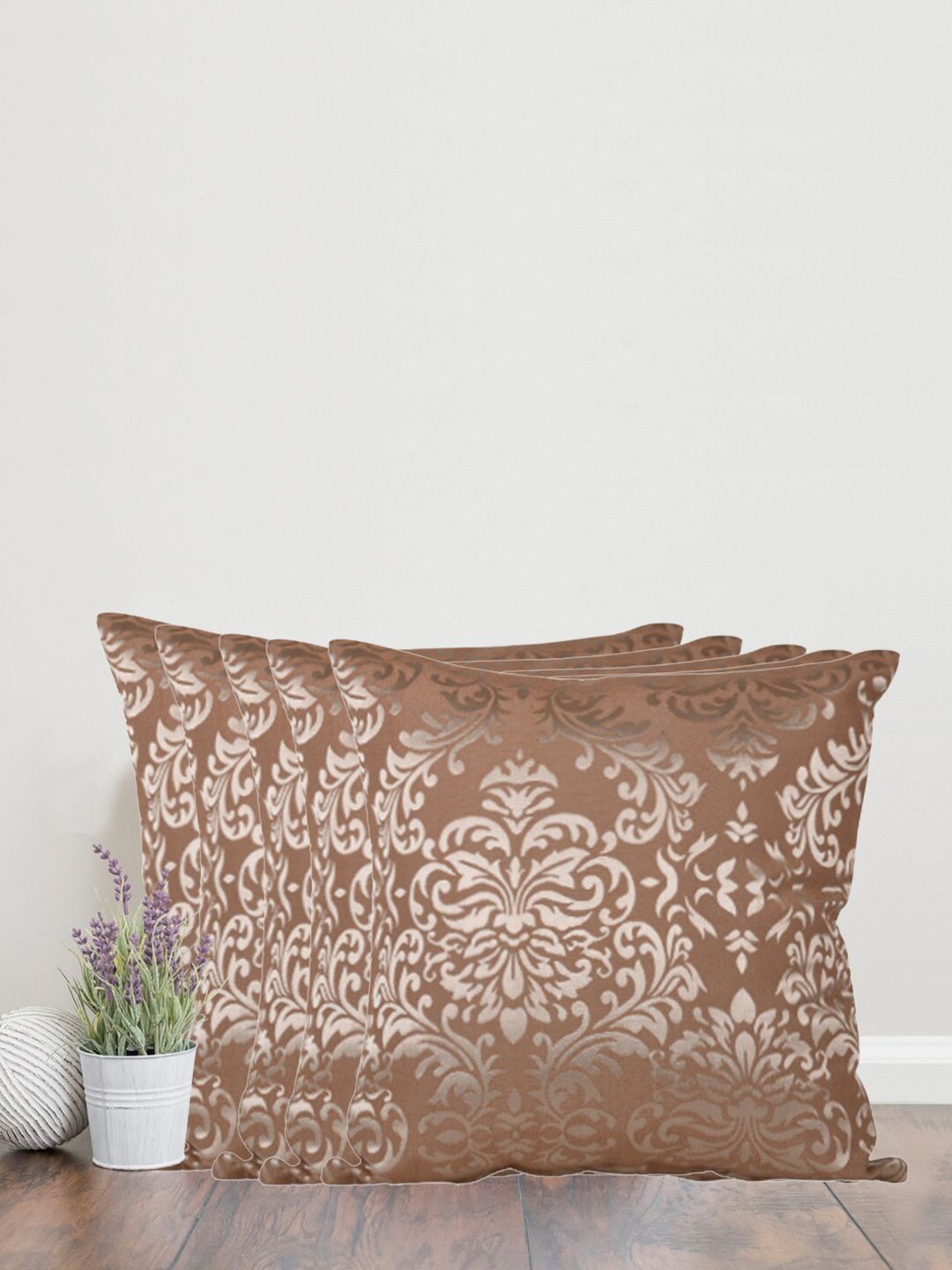 Home Brown & Gold-Toned Set of 5 Self Design Square Cushion Covers Price in India