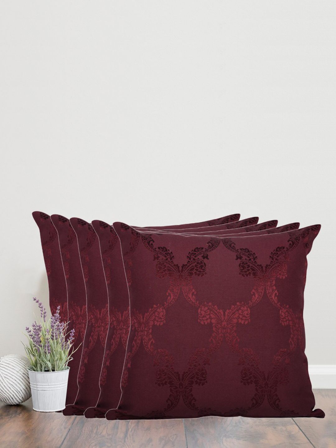 Home Burgundy Set of 5 Self Design Square Cushion Covers Price in India
