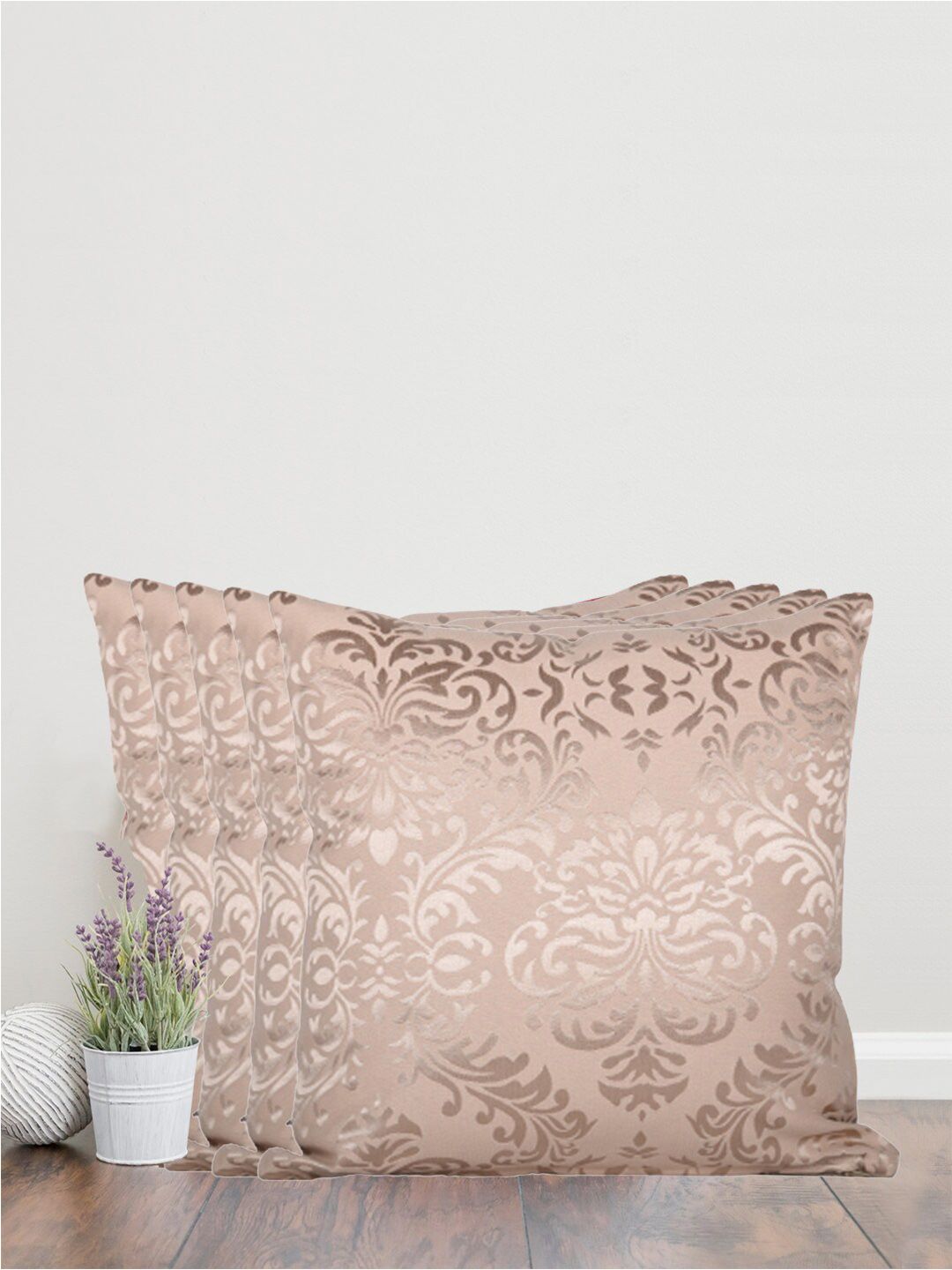 Home Gold-Toned & Cream-Coloured Set of 5 Self Design Square Cushion Covers Price in India