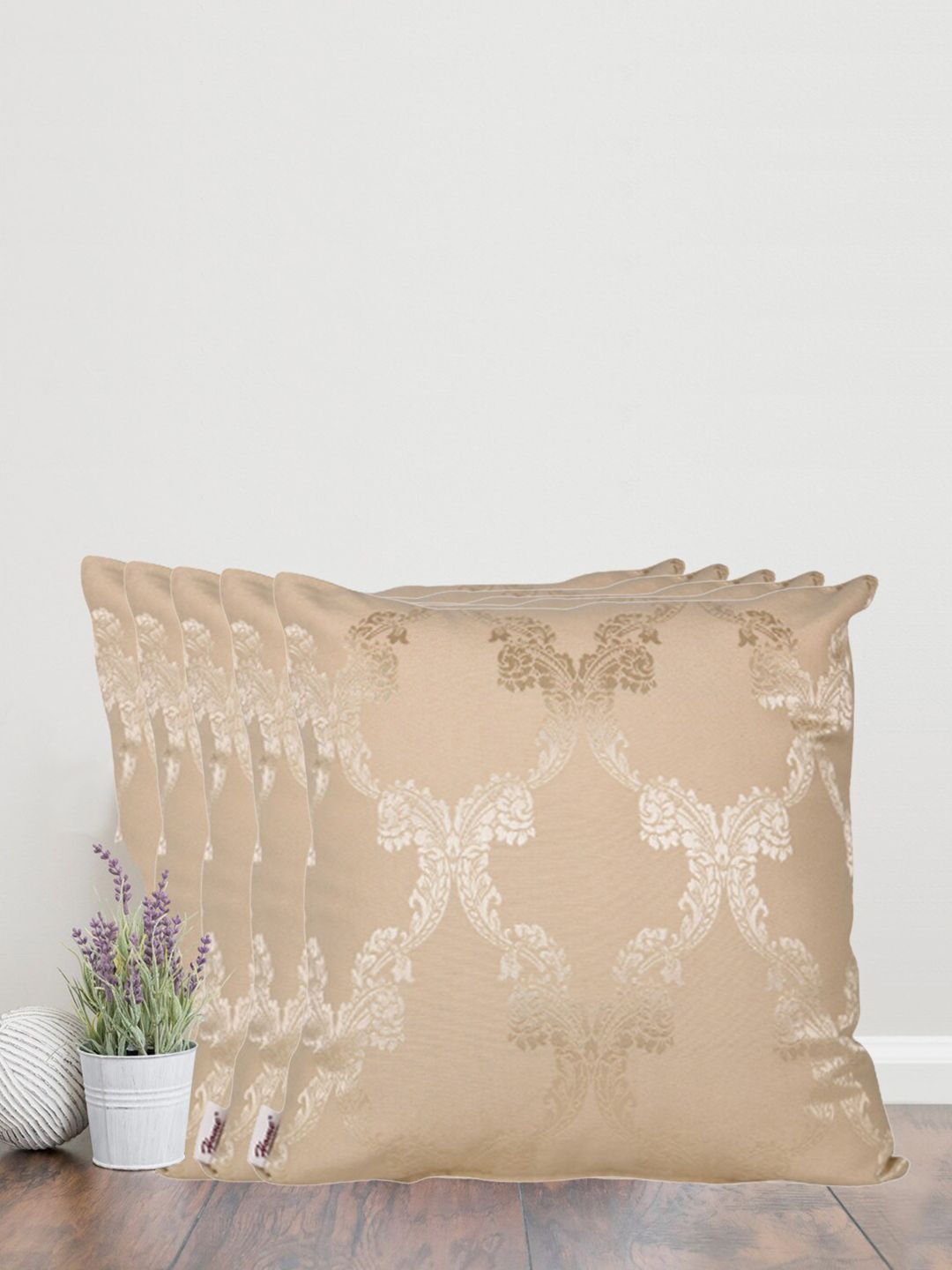 Home Beige & Cream-Coloured Set of 5 Self Design Square Cushion Covers Price in India