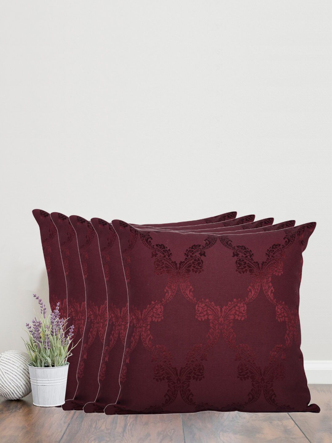 Home Burgundy Set of 5 Self Design Square Cushion Covers Price in India