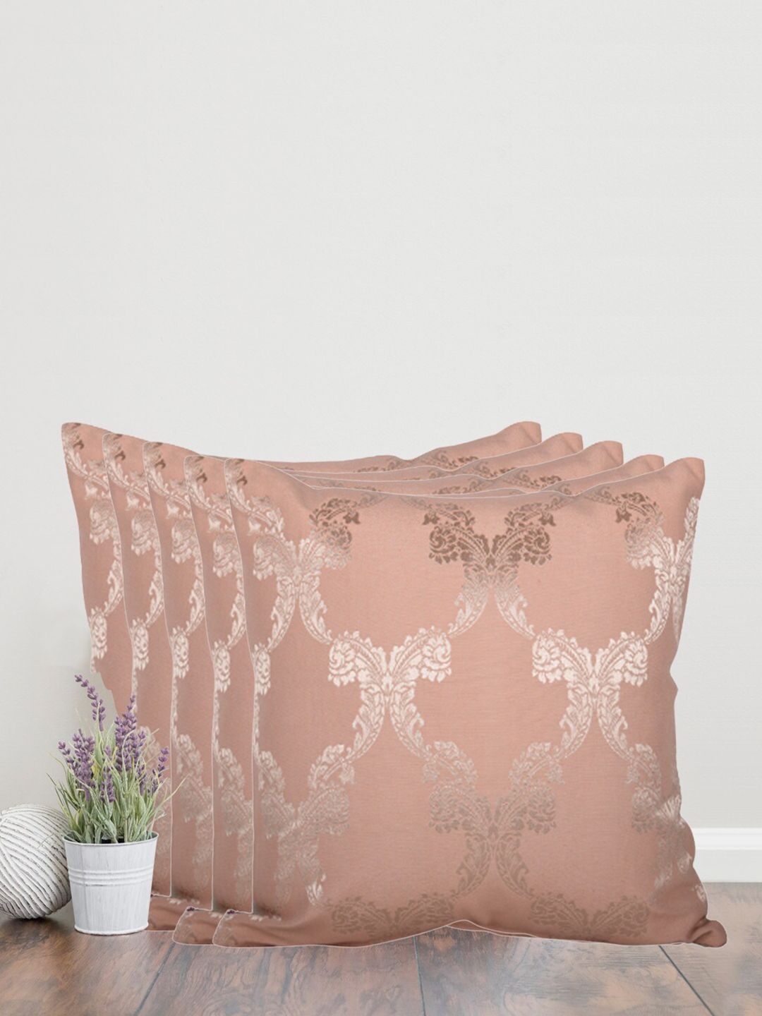 Home Peach-Coloured & Cream-Coloured Set of 5 Self Design Square Cushion Covers Price in India