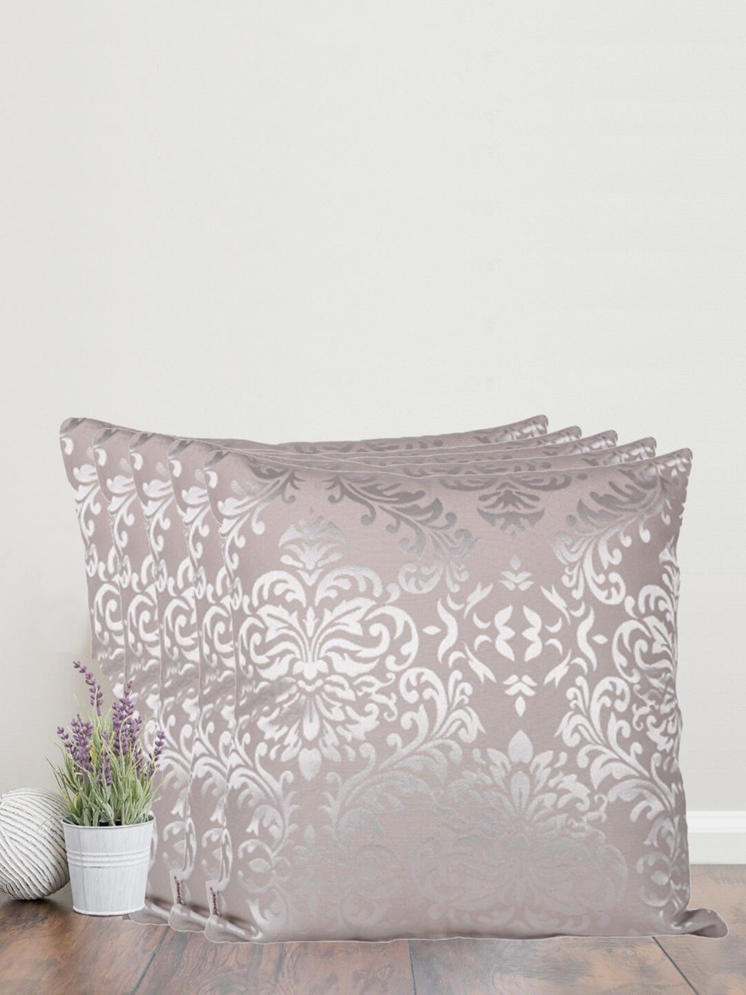 Home Silver-Toned & Cream-Coloured Set of 5 Self Design Square Cushion Covers Price in India