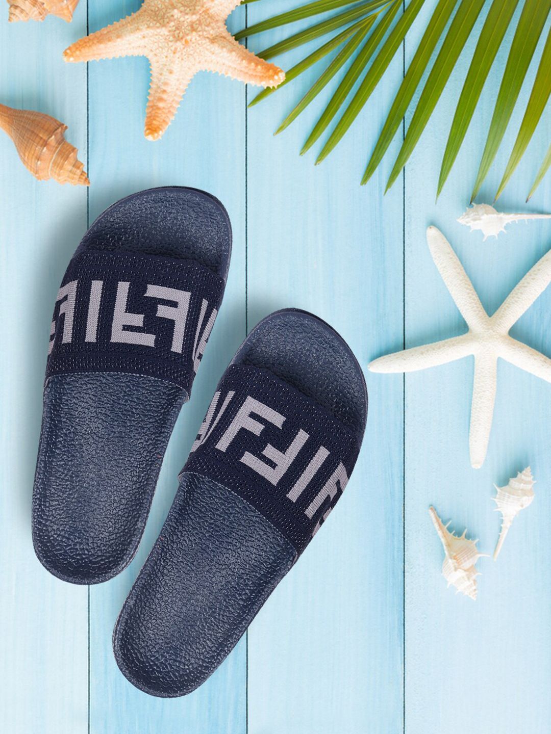 Longwalk Women Navy Blue Printed Sliders Price in India