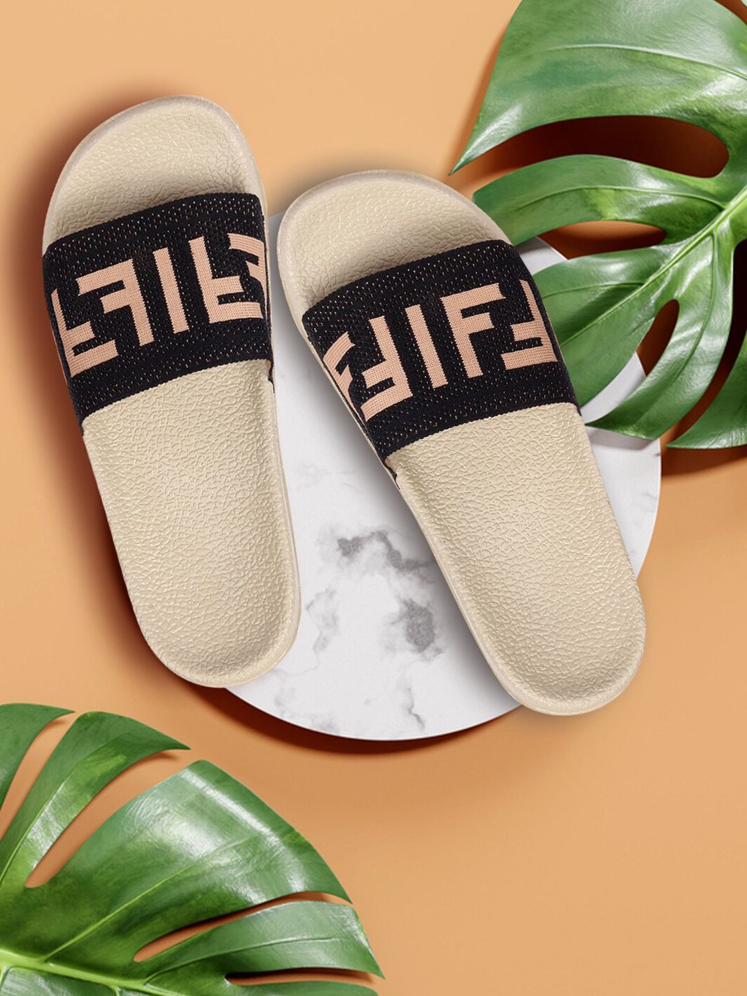 Longwalk Women Beige & Black Printed Sliders Price in India