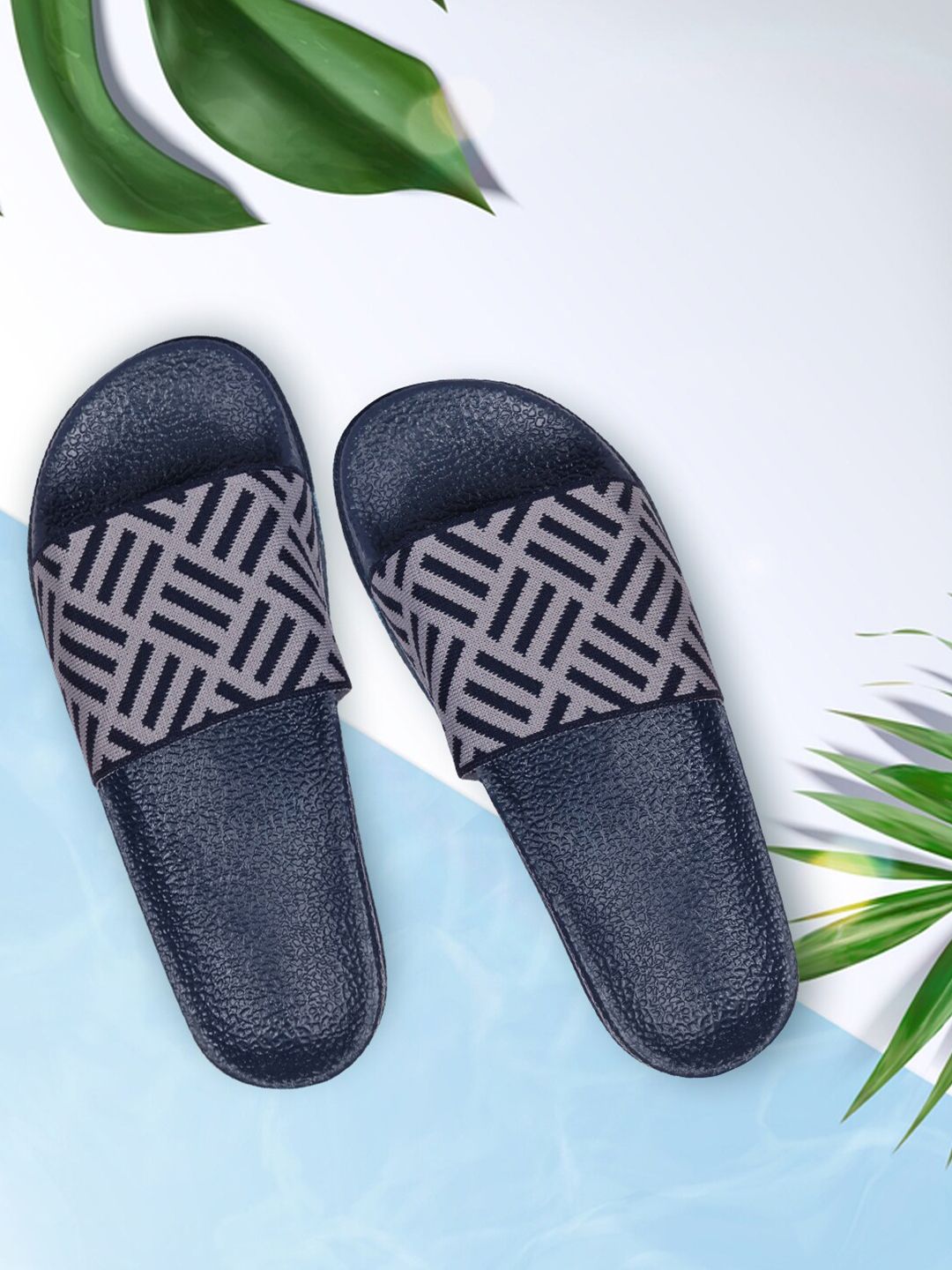 Longwalk Women Blue & Grey Printed Sliders Flip Flops Price in India