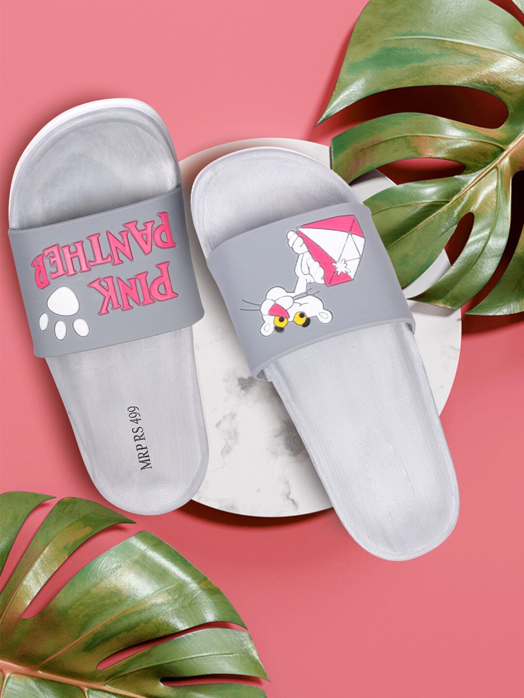 Longwalk Women Grey & Pink Pink Panther Printed Sliders Price in India