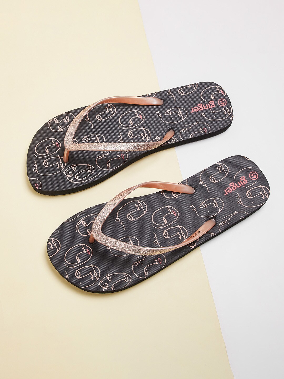 Ginger by Lifestyle Women Black & Pink Printed Rubber Thong Flip-Flops Price in India