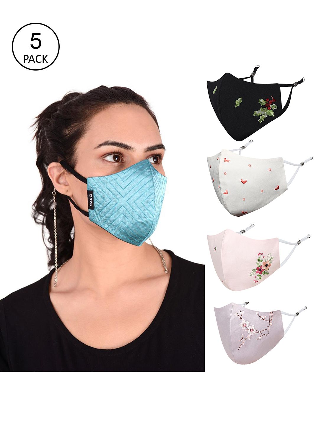 MASQ Pack of 5 Printed 4-Ply Reusable Pure Cotton Cloth Masks Price in India