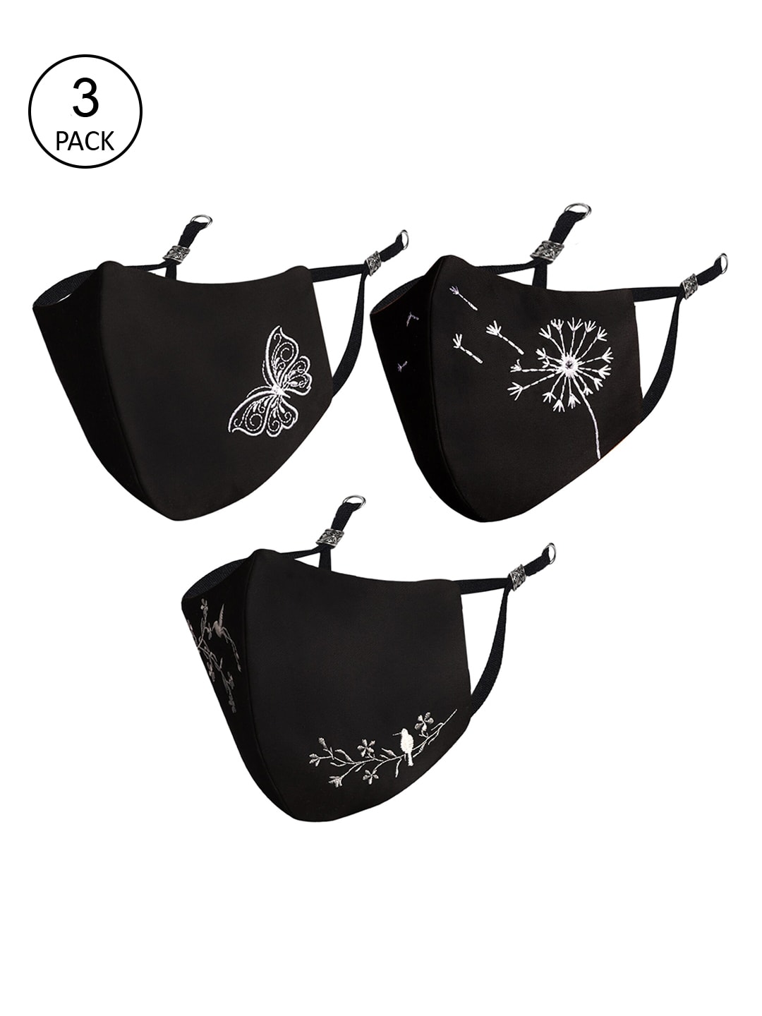 MASQ Pack of 3 Black Embroidered 4-Ply Reusable Pure Cotton Cloth Masks Price in India