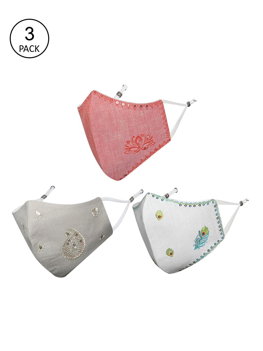 MASQ Women Pack of 3 Embellished 4-Ply Reusable Pure Cotton Cloth Masks Price in India