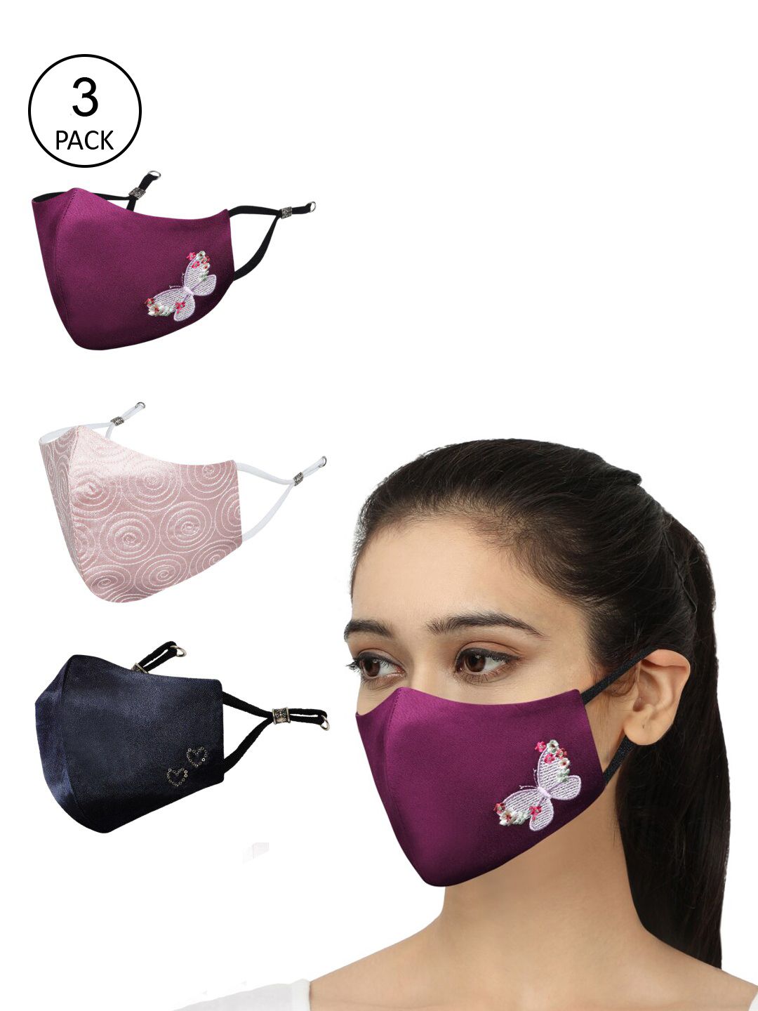 MASQ Women Pack of 3 Sequinned 4-Ply Reusable Pure Cotton Cloth Masks Price in India