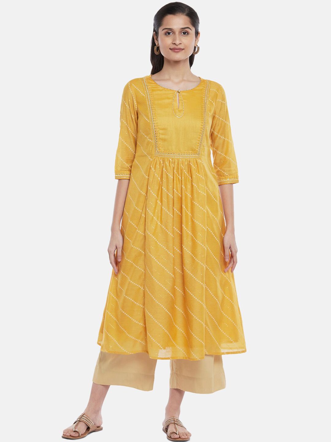 RANGMANCH BY PANTALOONS Women Mustard Yellow Ethnic Motifs Anarkali Kurta Price in India