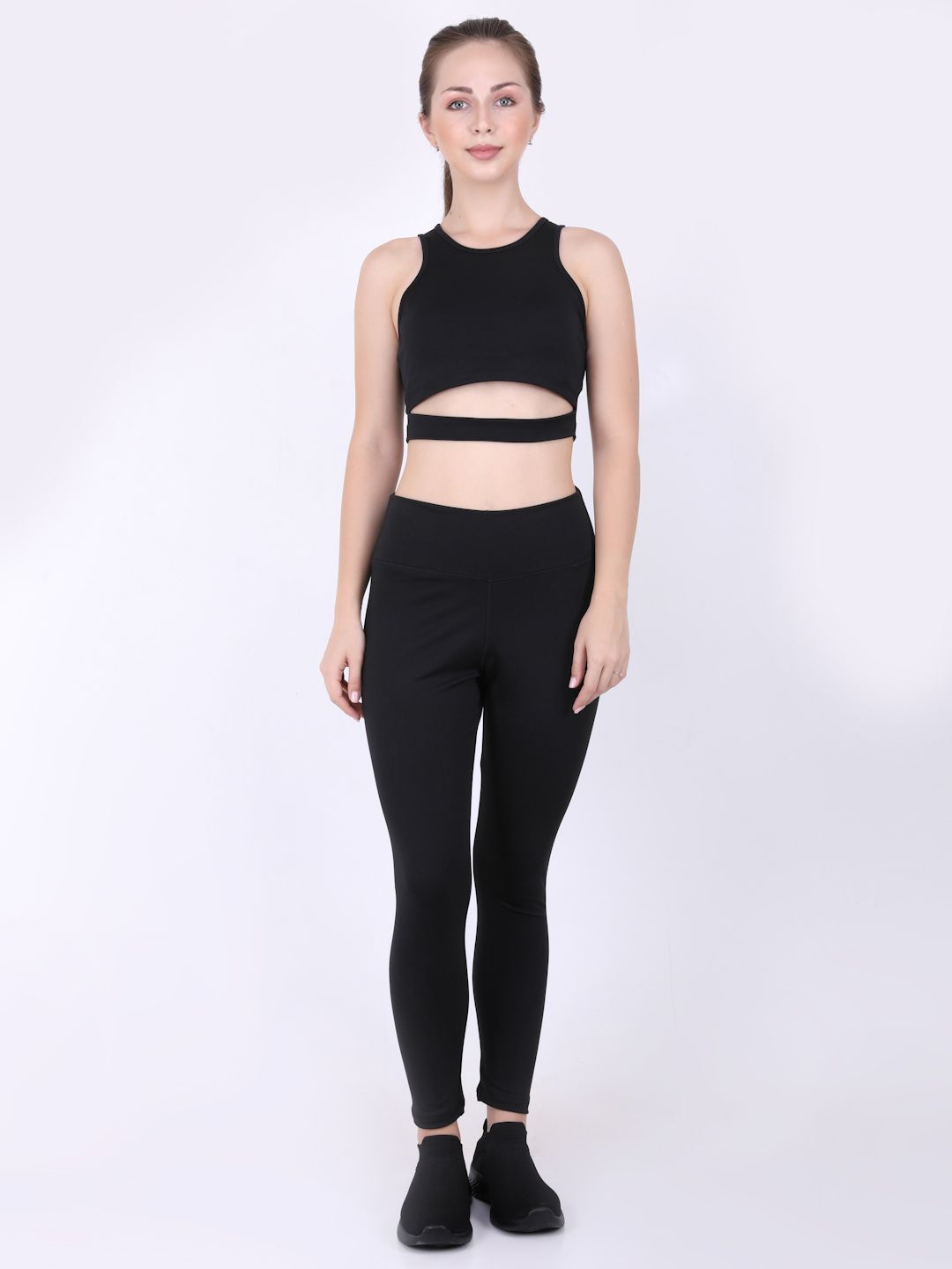 EVERDION Women Black Crop Tank Top With Tights Price in India