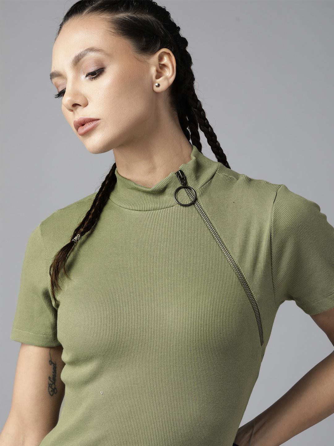 Roadster Women Olive Green Ribbed High Neck Zip Detail Top