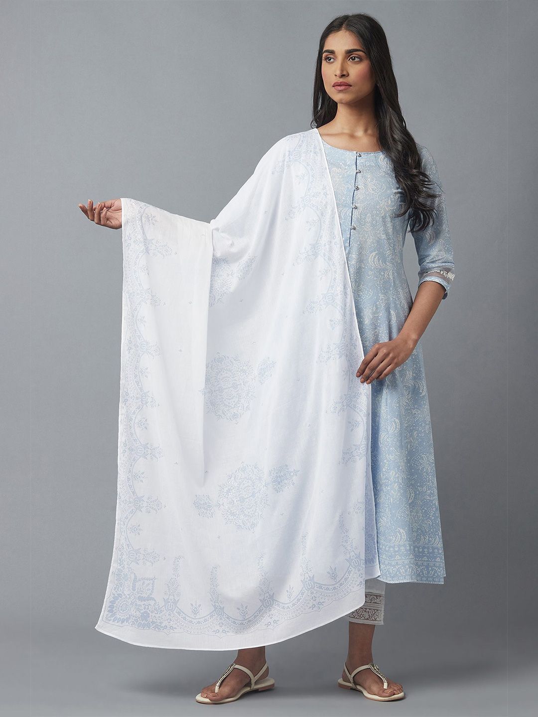 W White & Blue Printed Pure Cotton Dupatta Price in India