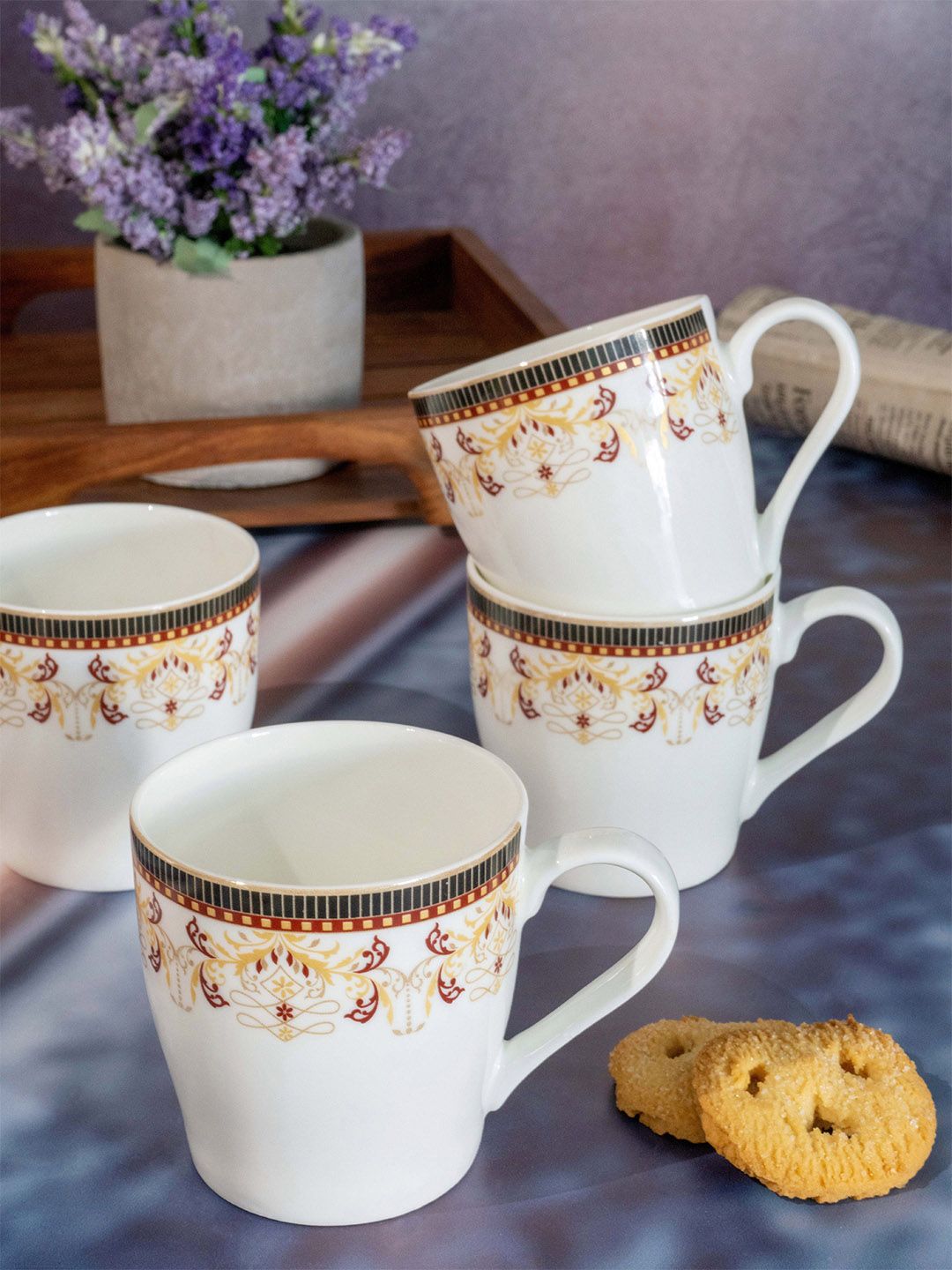SONAKI Set of  6 White & Red Hand Painted Printed Bone China Glossy 180 ml Tea/Coffee Mugs Price in India