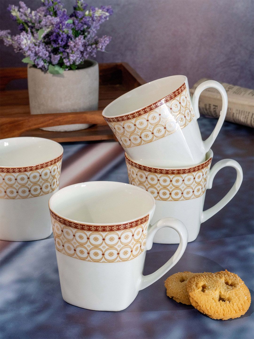 SONAKI White & Brown Hand Painted Printed Bone China Glossy Mugs Set of Cups and Mugs Price in India