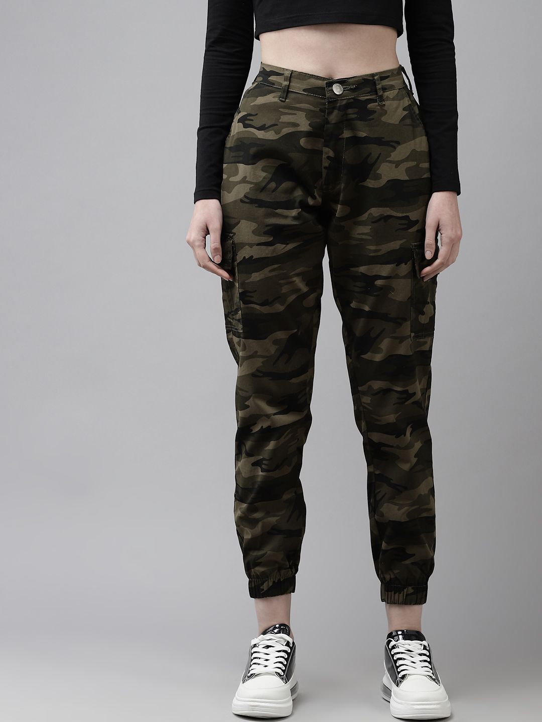 The Dry State Women Green Camouflage Printed High-Rise Easy Wash Cropped Joggers Trousers Price in India