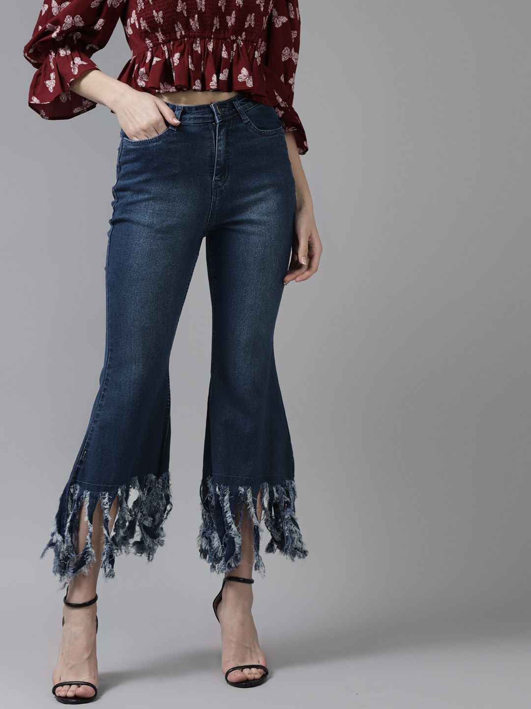 The Dry State Women Blue Flared High-Rise Low Distress Stretchable Jeans Price in India