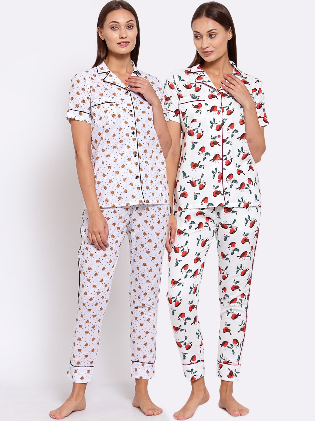 KLOTTHE Women Set Of 2 White Printed Pure Cotton Night Suit Price in India