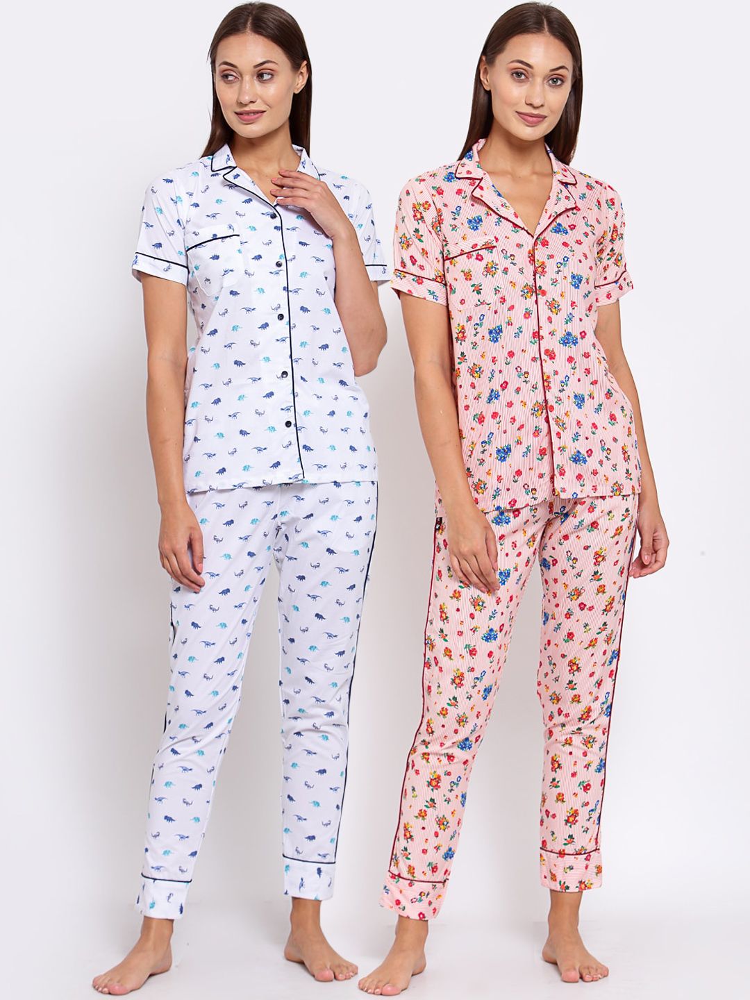 KLOTTHE Women Pack Of 2 White & Pink Printed Night suit Price in India