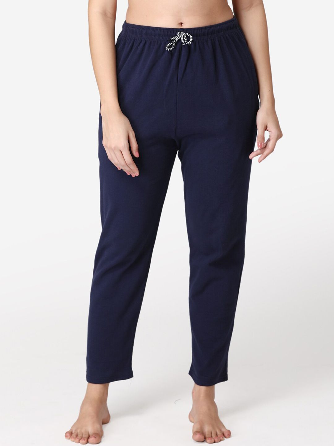 ABELINO Women Navy Blue Solid Pure Cotton Lounge Pants Price in India