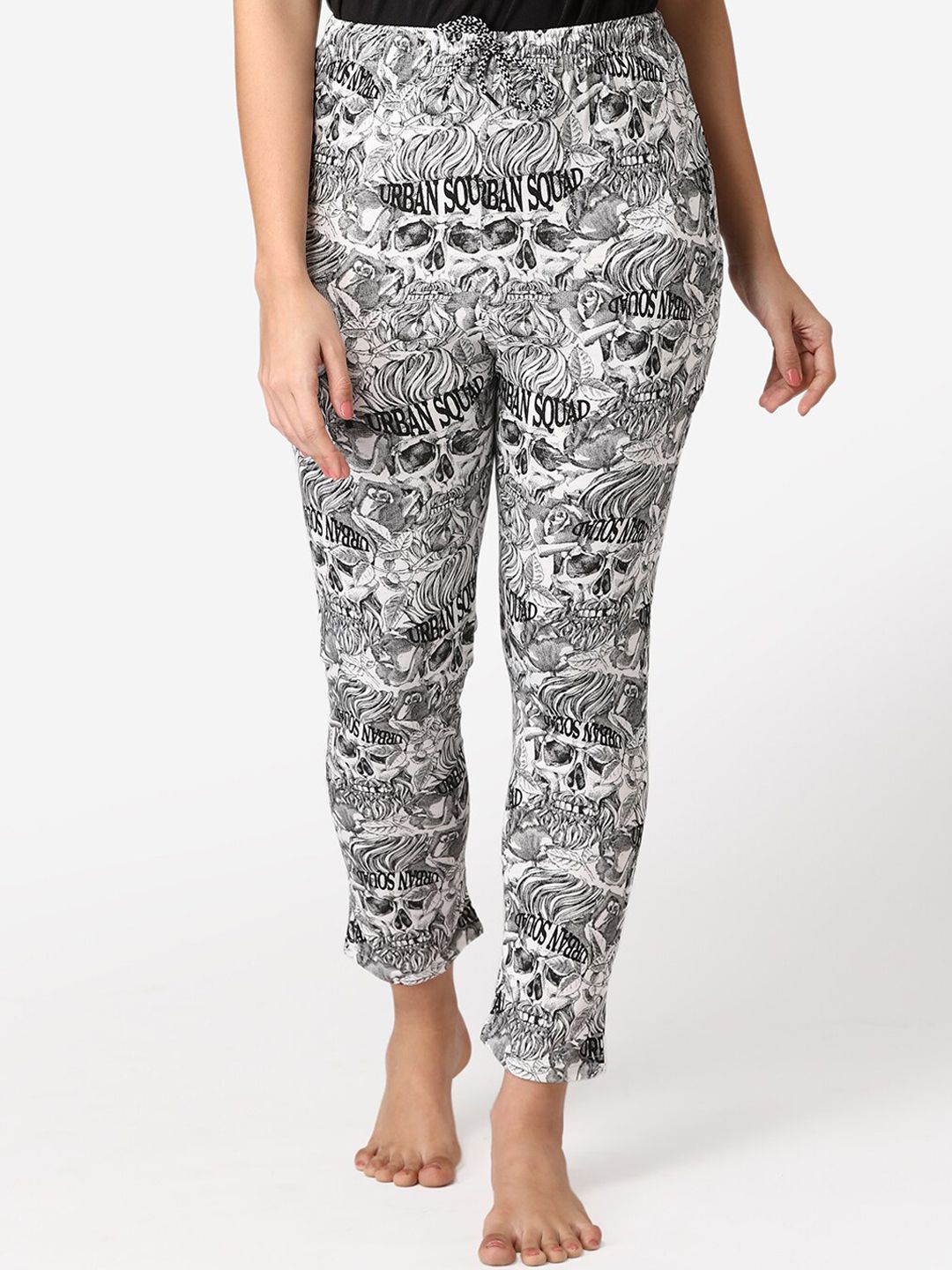 ABELINO Women White & Black Printed Pure Cotton Lounge Pants Price in India