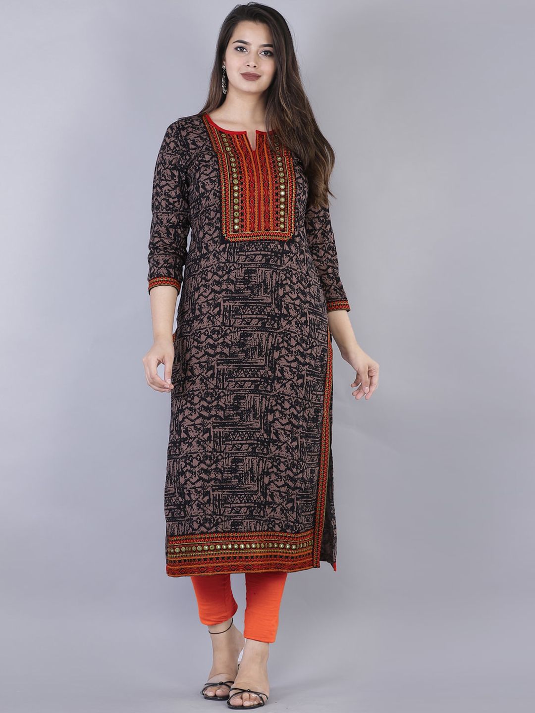 KALINI Women Brown Geometric Printed Flared Sleeves Thread Work Kurta Price in India