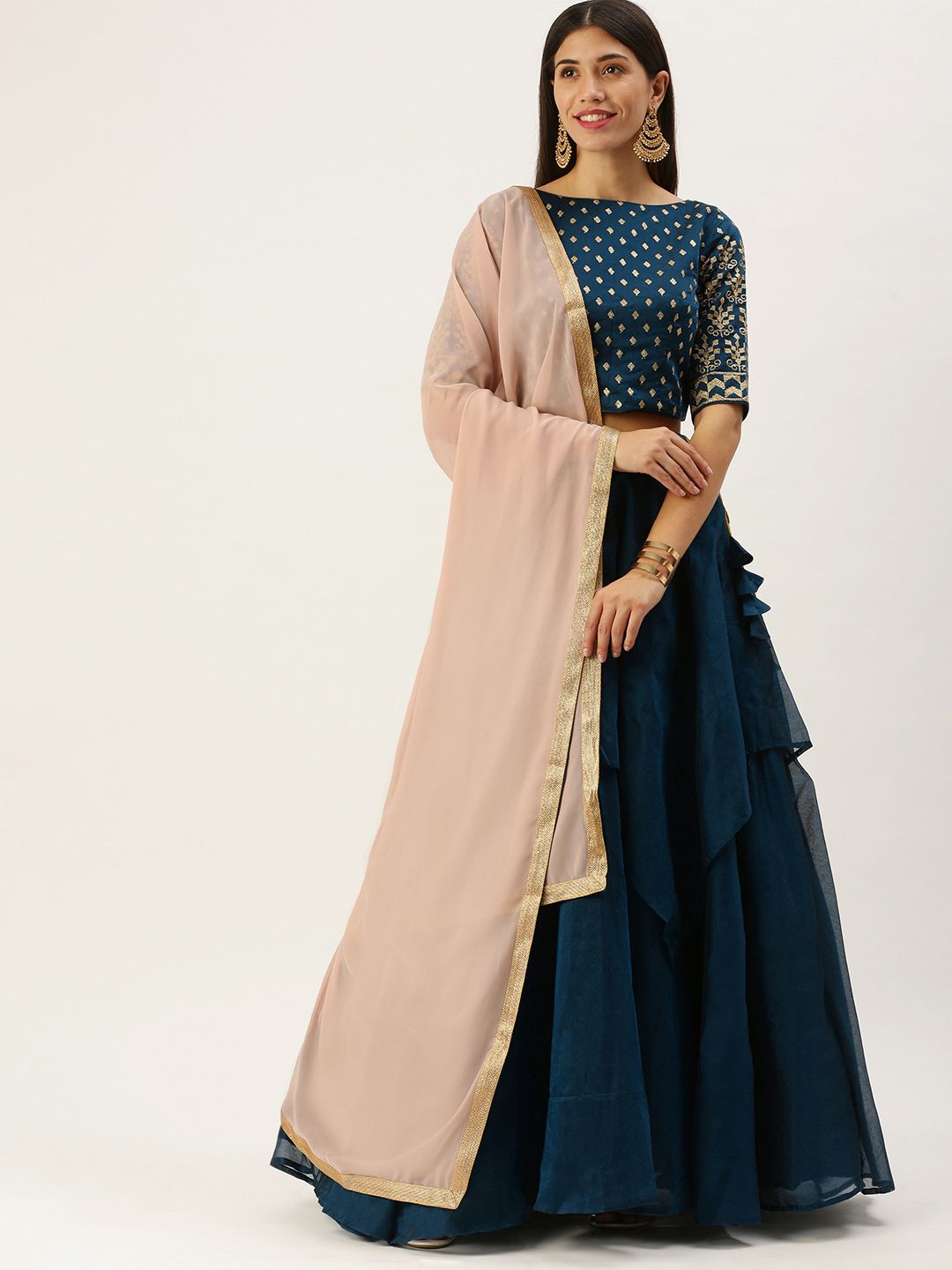 EthnoVogue Blue & Gold-Toned Embroidered Made to Measure Lehenga & Blouse With Dupatta Price in India