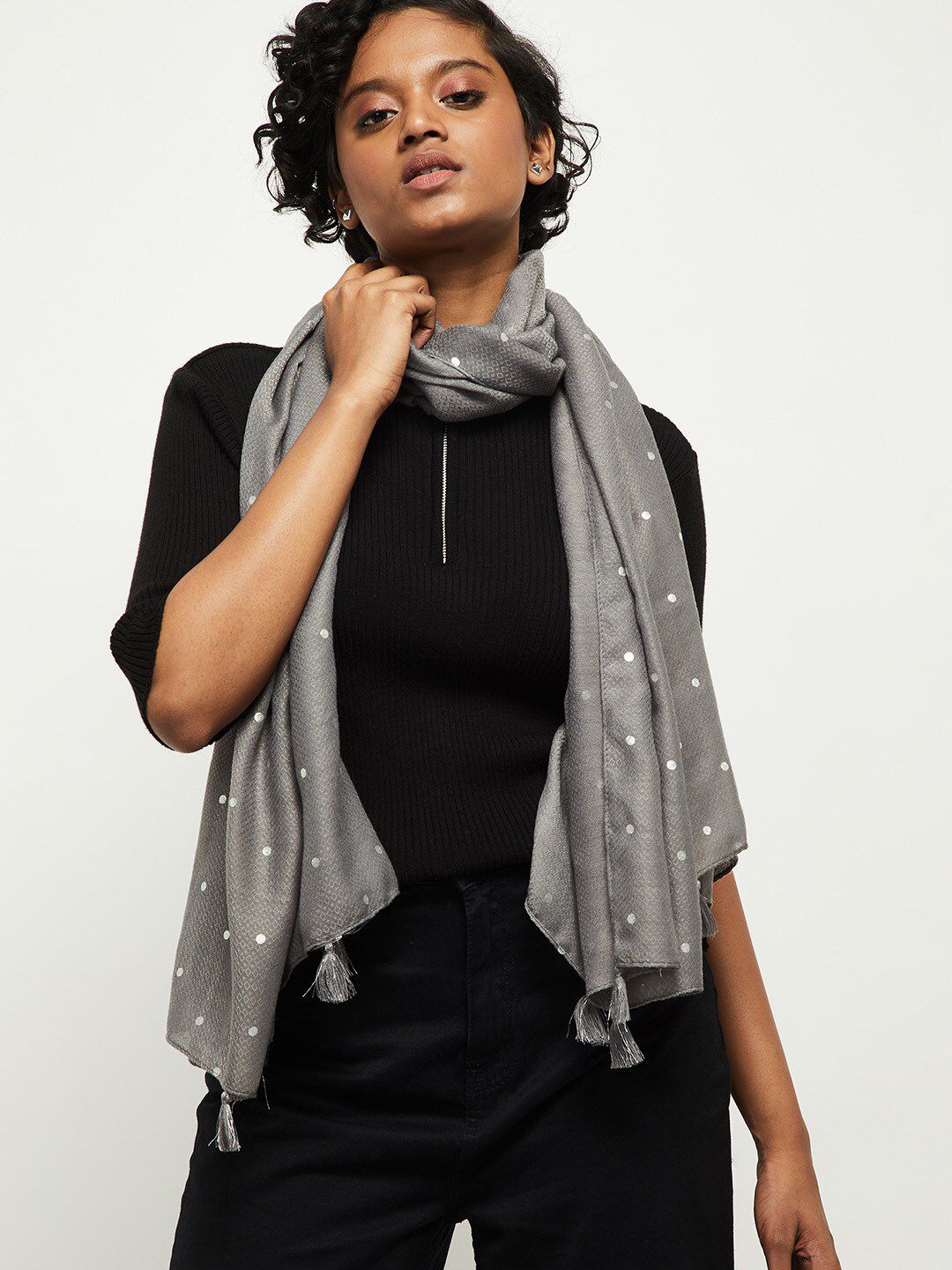 max Women Grey & White Embroidered Stole Price in India