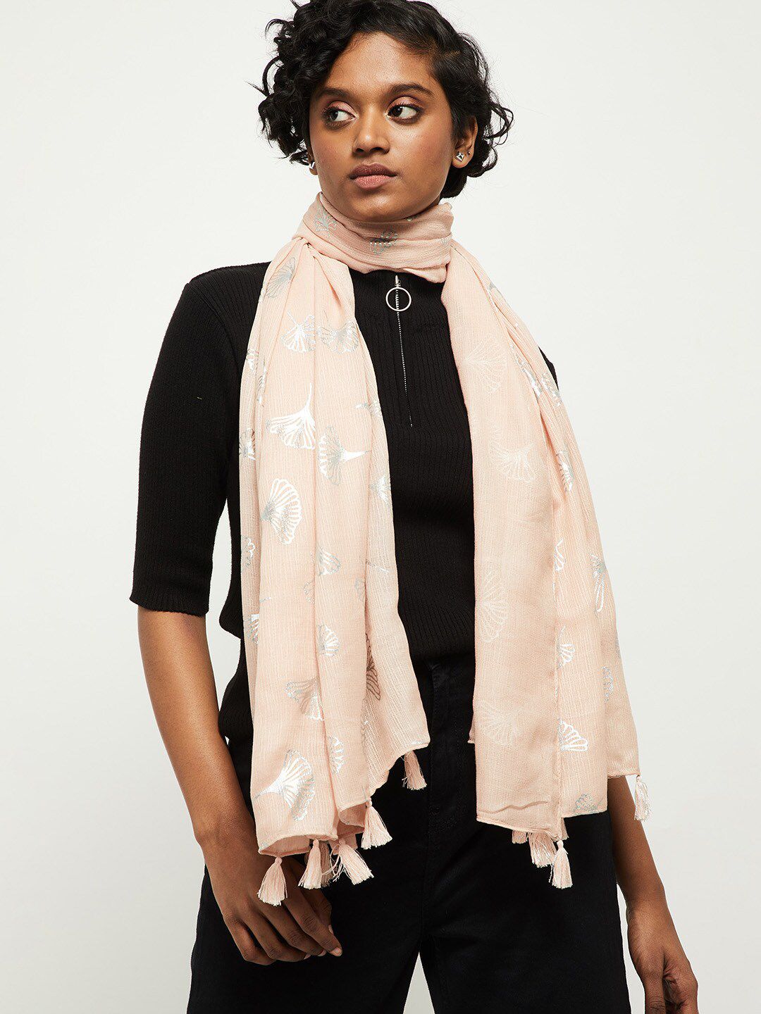 max Women Peach & Silver Printed Stole Price in India