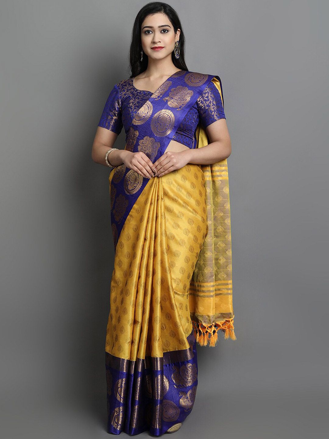 Mitera Yellow & Blue Woven Design Zari Silk Cotton Saree Price in India