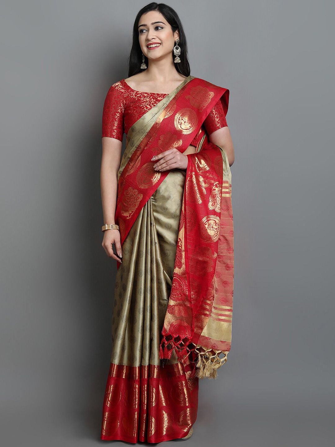 Mitera Beige & Red Ethnic Motifs Zari Silk Cotton Saree Price in India