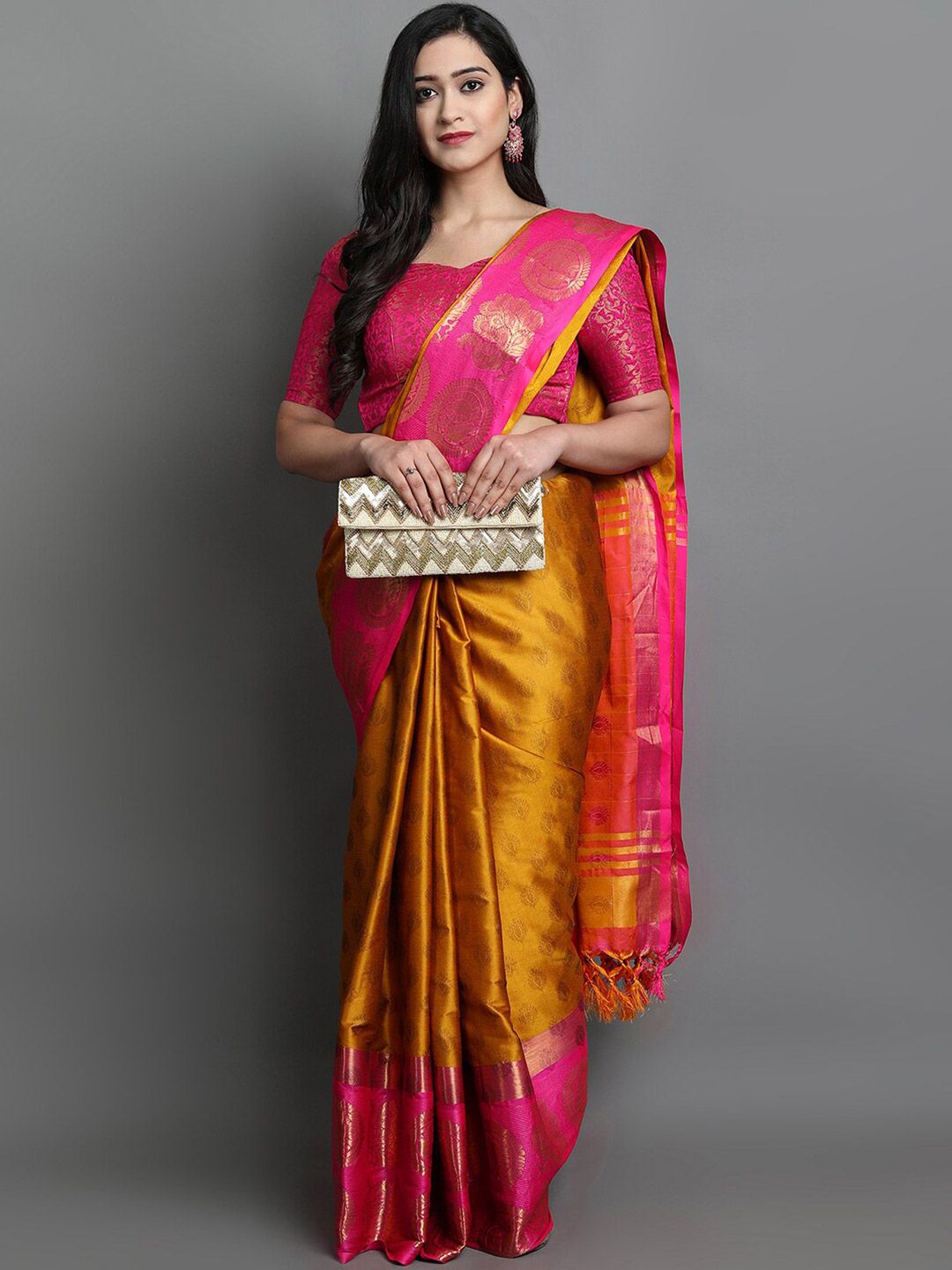 Mitera Gold-Toned & Pink Woven Design Saree Price in India