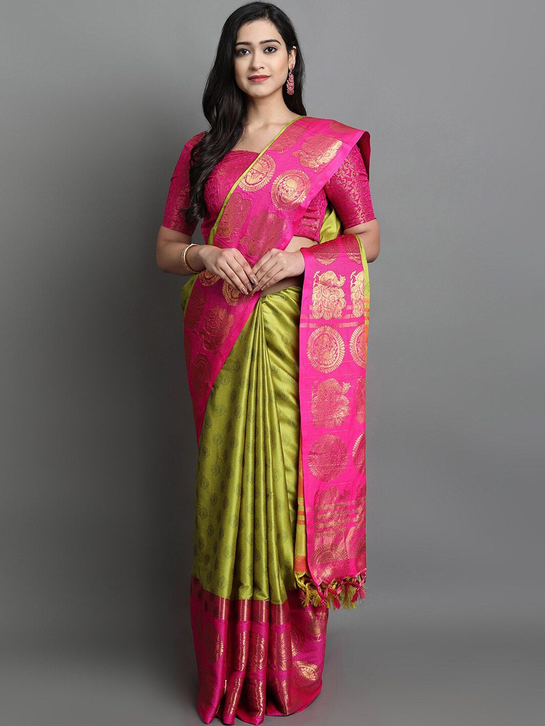 Mitera Lime Green & Pink Ethnic Motifs Zari Silk Cotton Saree Price in India