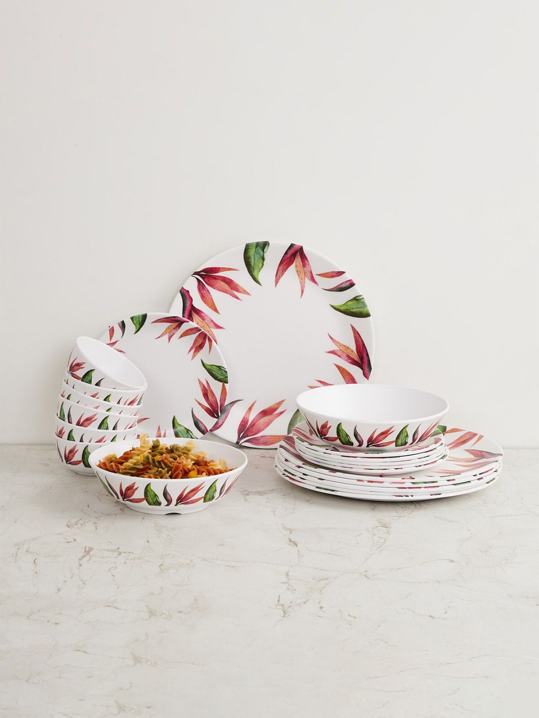 Home Centre White & Pink 20 Pieces Hand Painted Printed Melamine Glossy Dinner Set Price in India