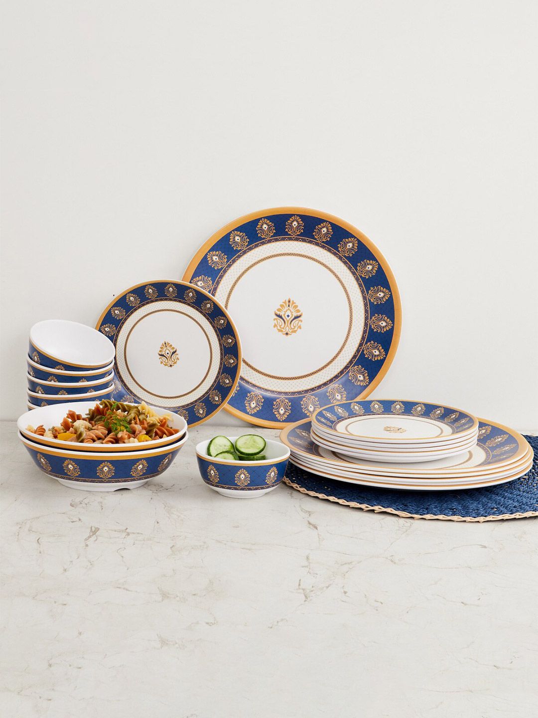 Home Centre Blue & Yellow 20 Pieces Hand Painted Melamine Glossy Dinner Set Price in India