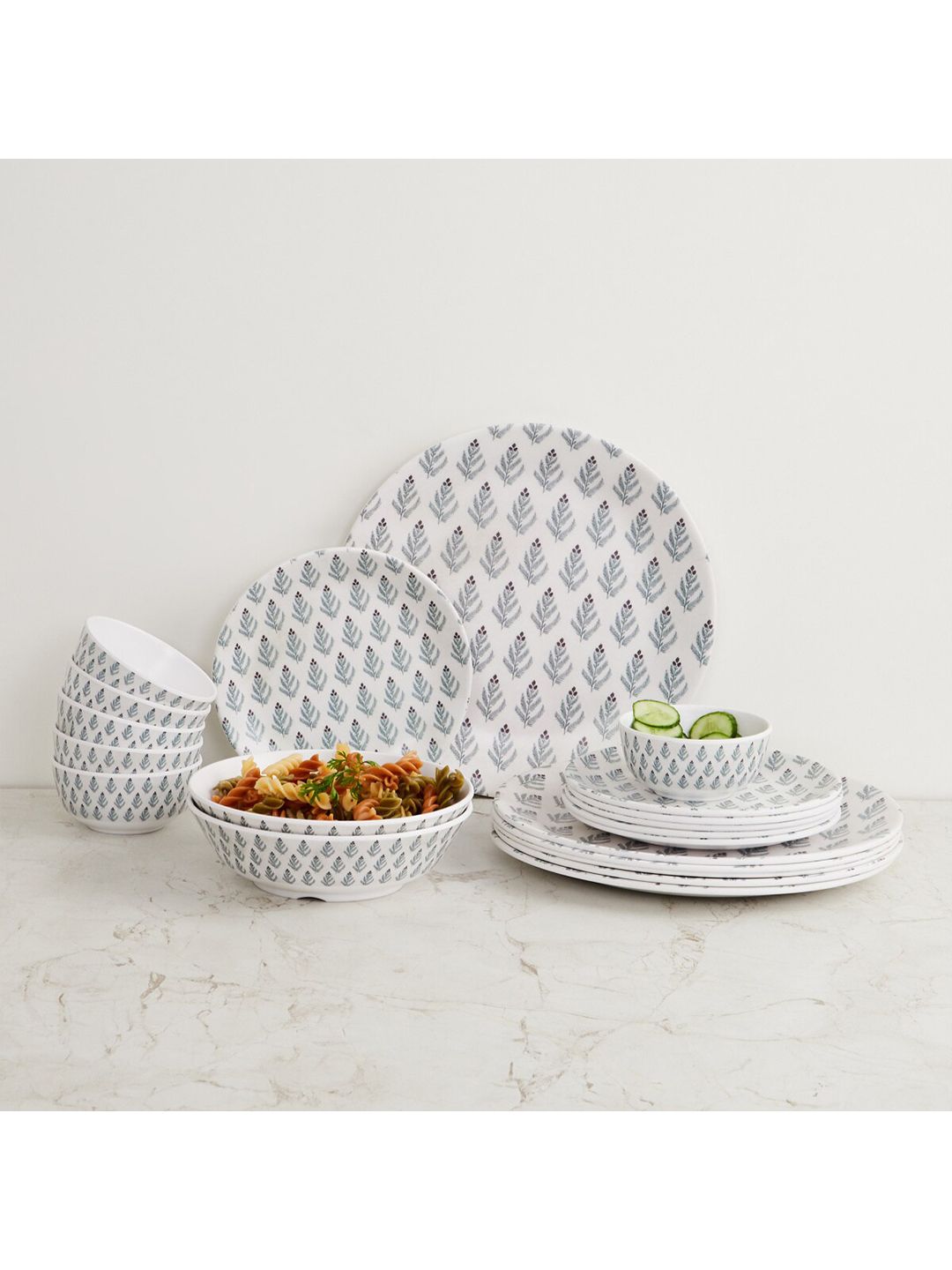 Home Centre Set-20 White & Blue Pieces Ethnic Motifs Printed Melamine Glossy Dinner Set Price in India