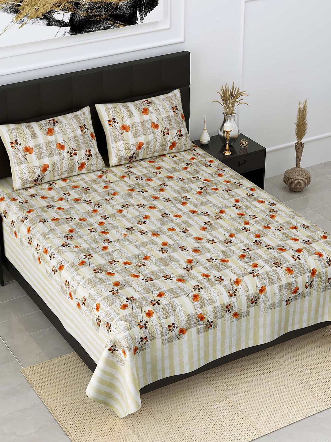 JAIPUR FABRIC Orange & Beige Floral 300 TC King Bedsheet with 2 Pillow Covers Price in India