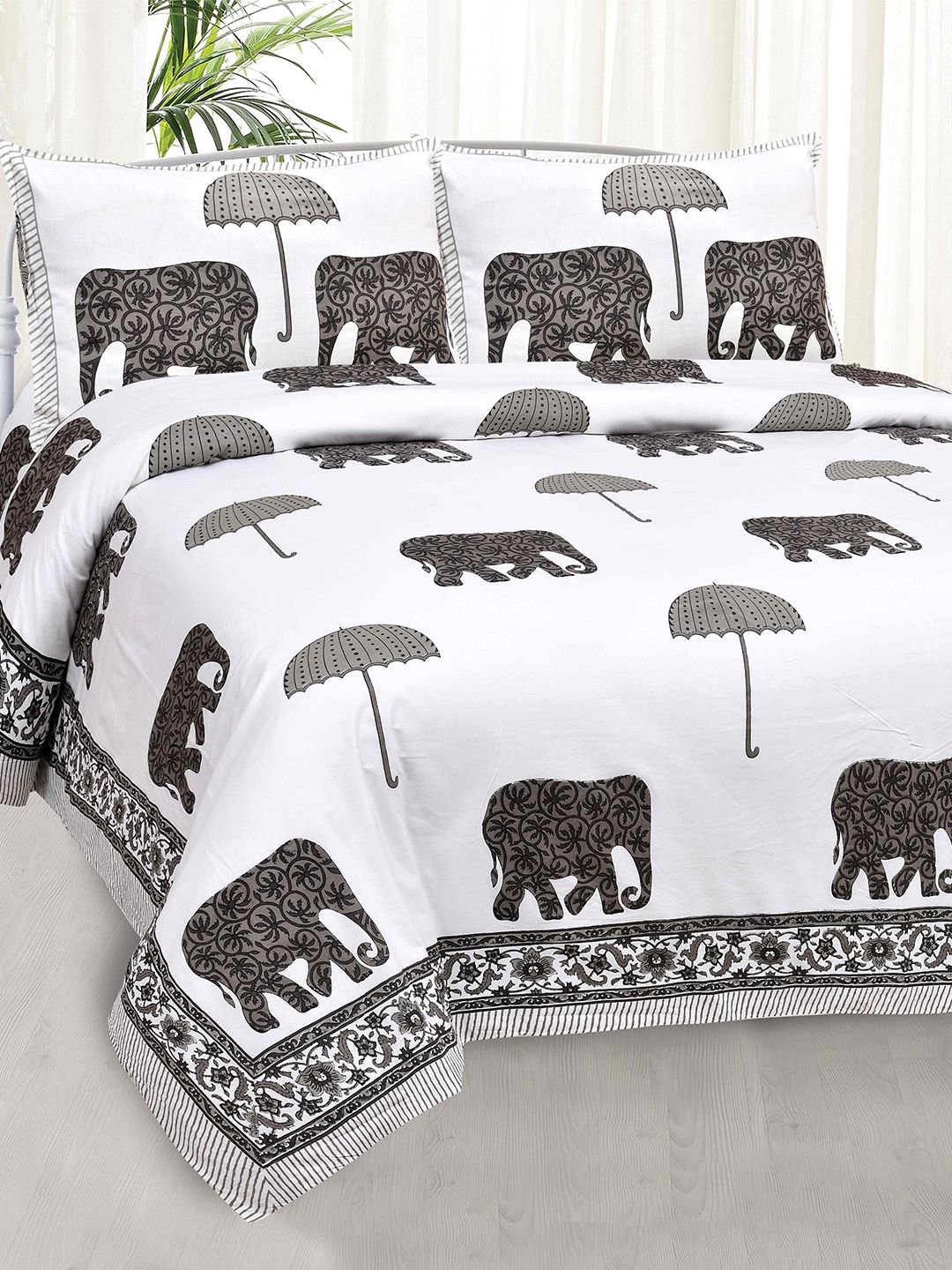 JAIPUR FABRIC White & Grey Ethnic Motifs Cotton 240 TC King Bedsheet With 2 Pillow Covers Price in India