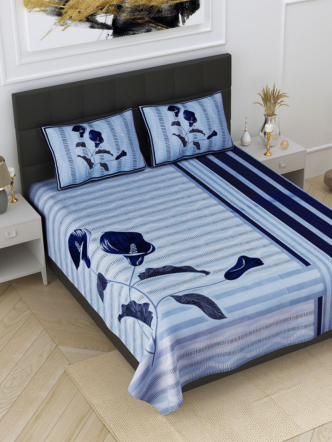 JAIPUR FABRIC Blue Floral 240 TC 1 King Bedsheet with 2 Pillow Covers Price in India