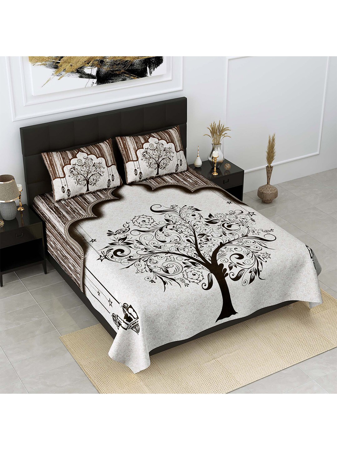 JAIPUR FABRIC Brown & White Motifs 300 TC Pure Cotton King Bedsheet with 2 Pillow Covers Price in India