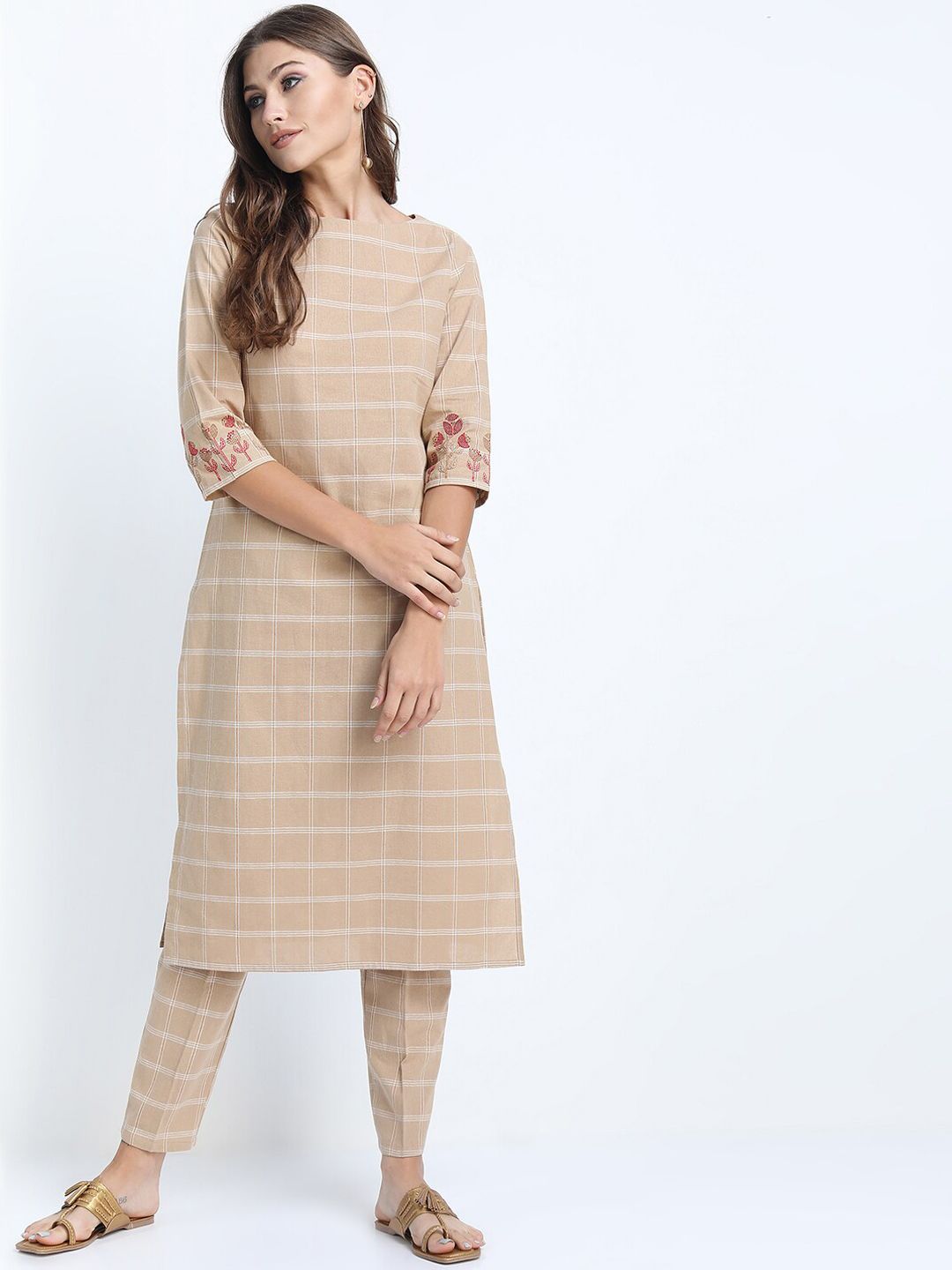 Vishudh Women Beige & White Checked Embroidered Detail Pure Cotton Kurta with Trousers Price in India