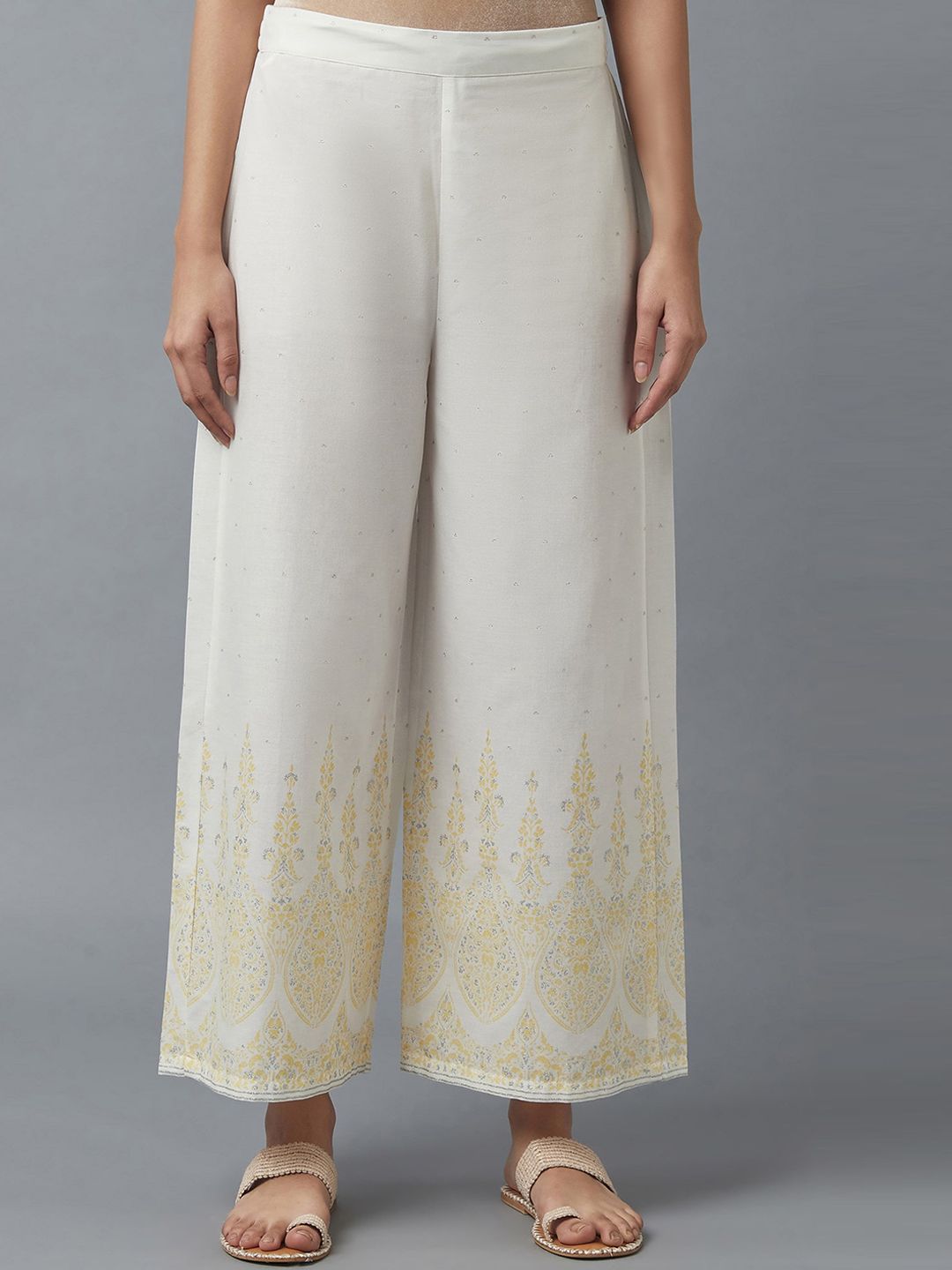W Women White Ethnic Motifs Printed Trousers Price in India