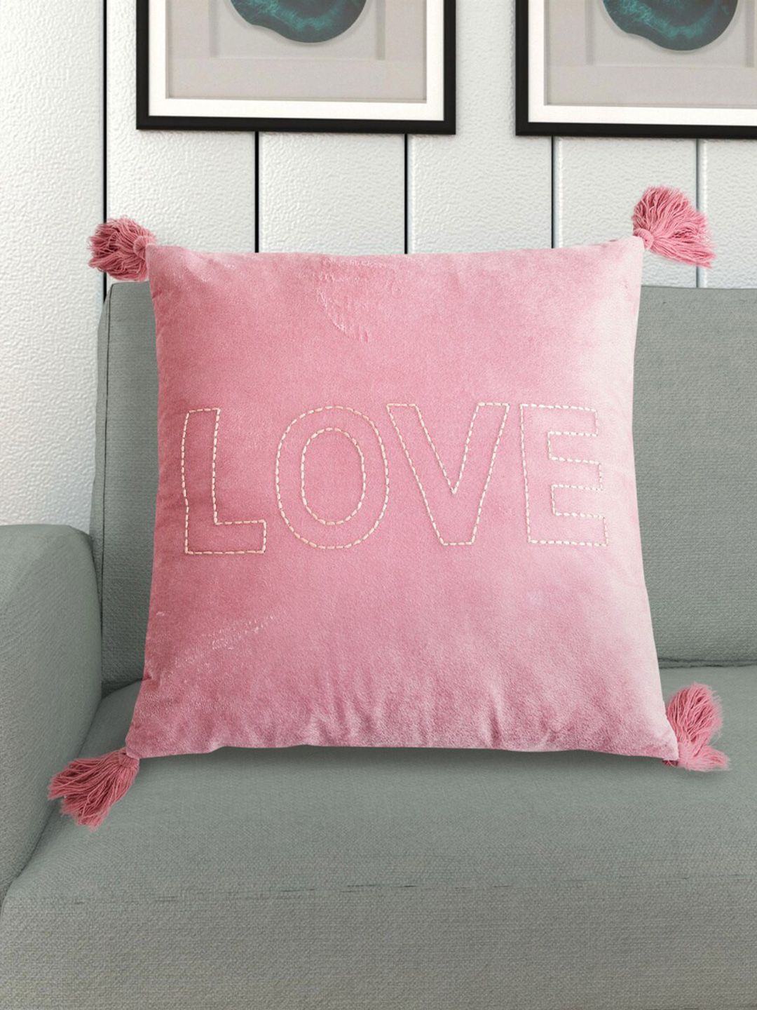Home Centre Pink Embroidered Filled Square Cushion Price in India