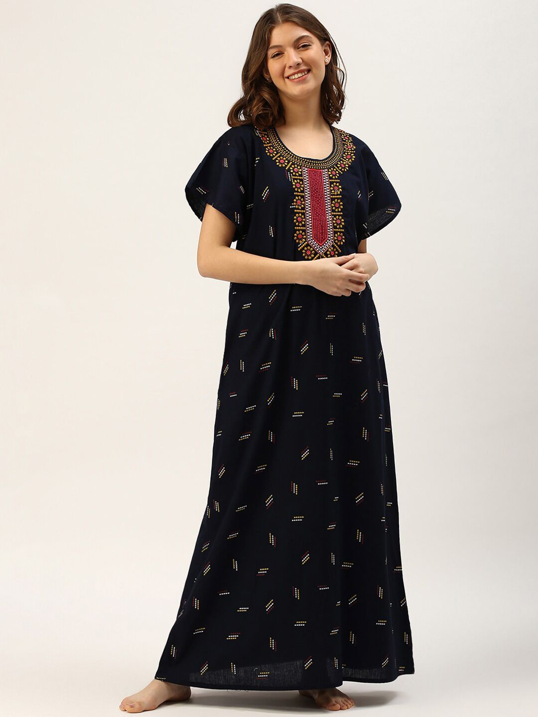 TRUNDZ TRUNDZ Navy Blue Embroidered Organic Cotton Maxi Nightdress