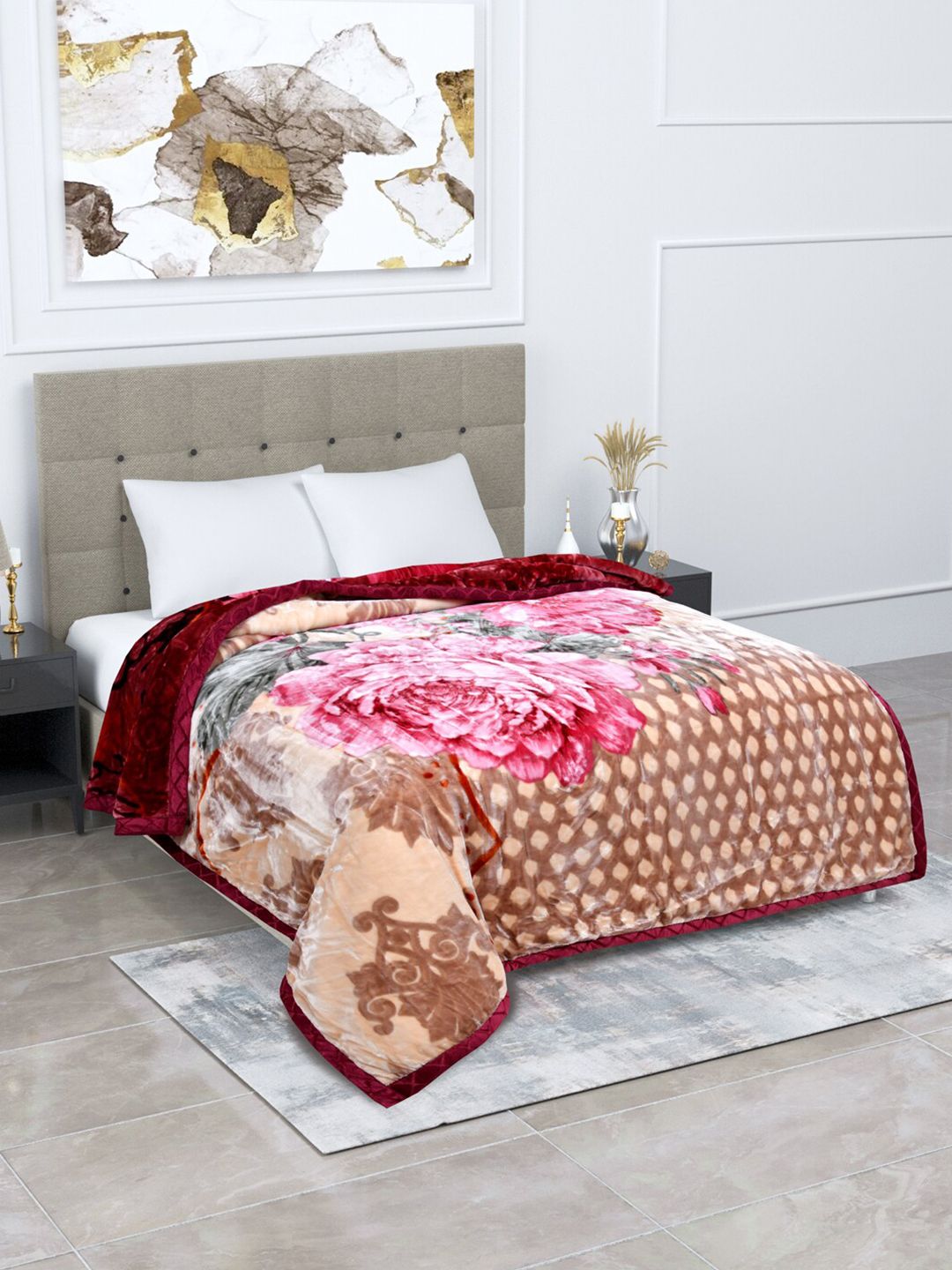 BOMBAY DYEING Brown & Pink Floral Heavy Winter Double Bed Blanket Price in India