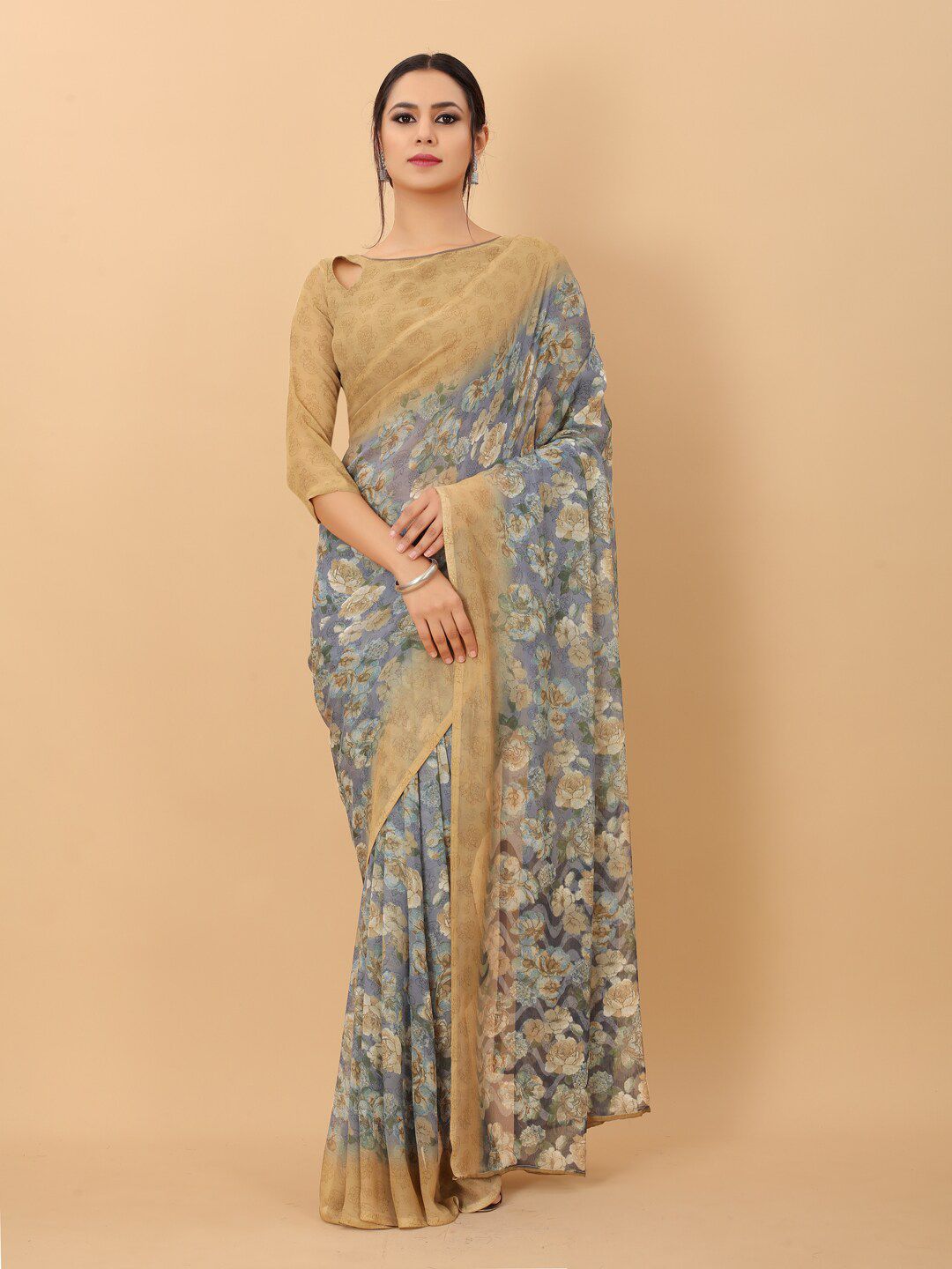 PERFECTBLUE Beige & Grey Floral Saree