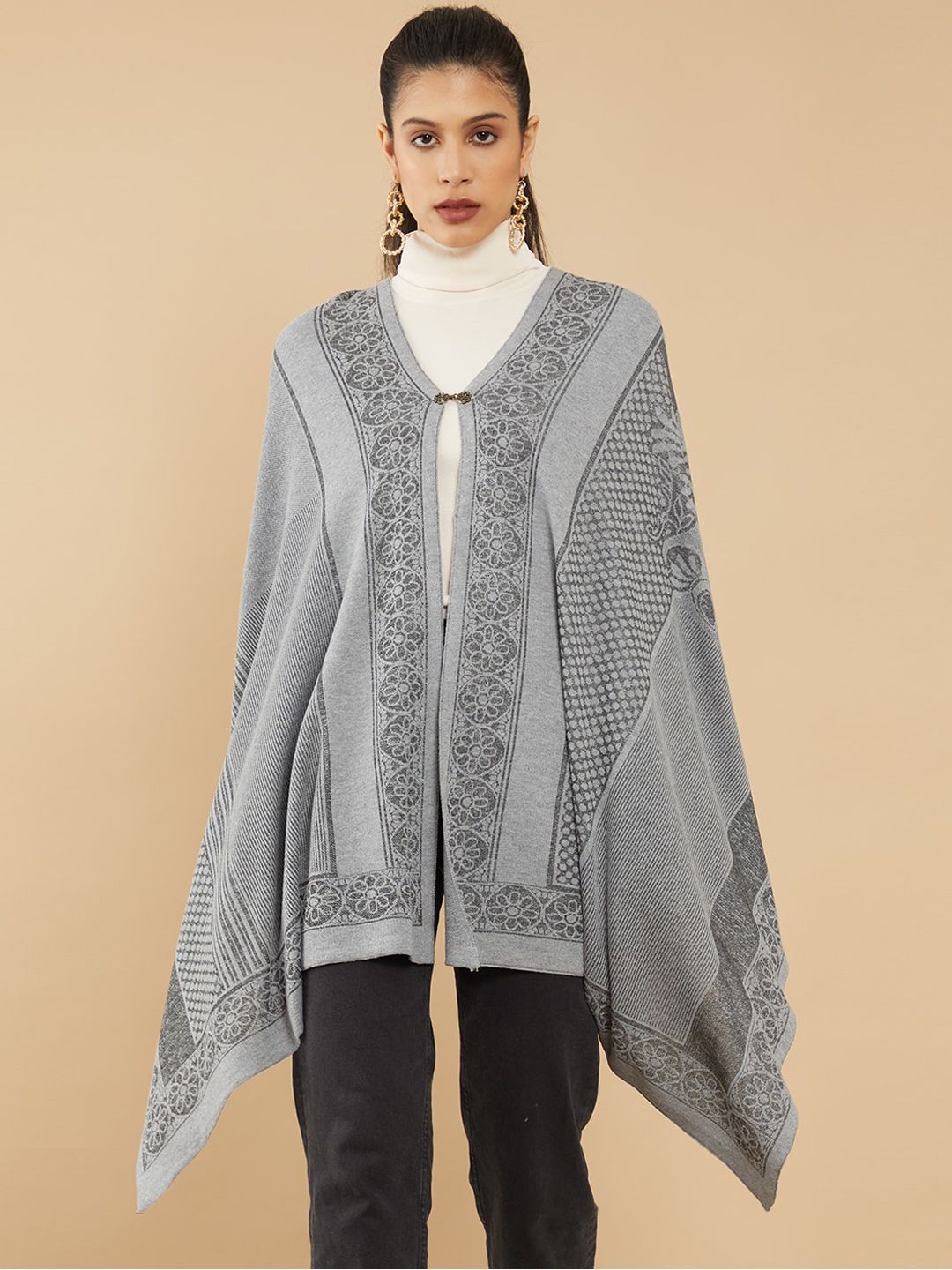 Soch Women Grey Woven Design Open Front Jacket Price in India